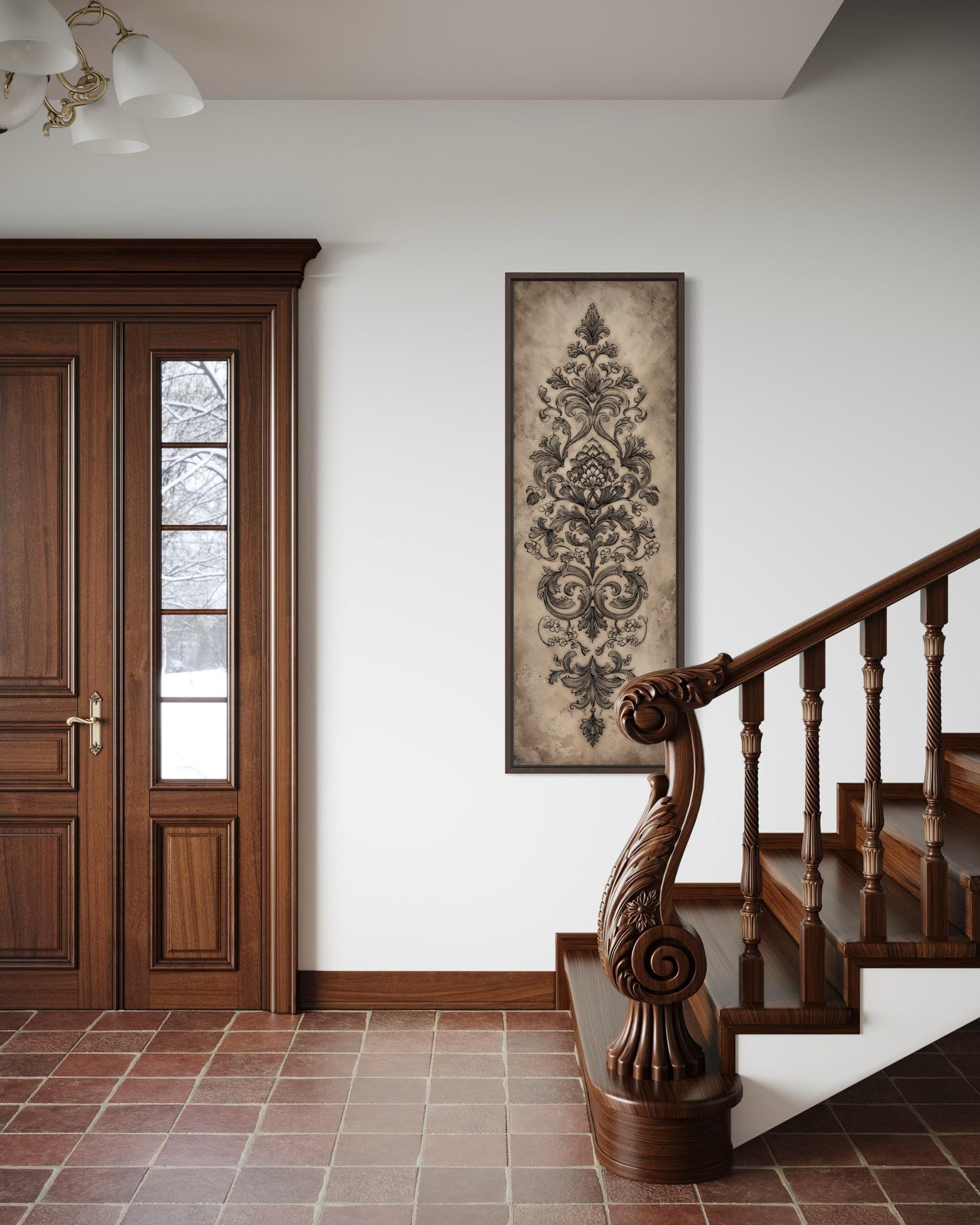 Neutral Vertical Tall Narrow Antique French Ornamental Damask Canvas Wall Art