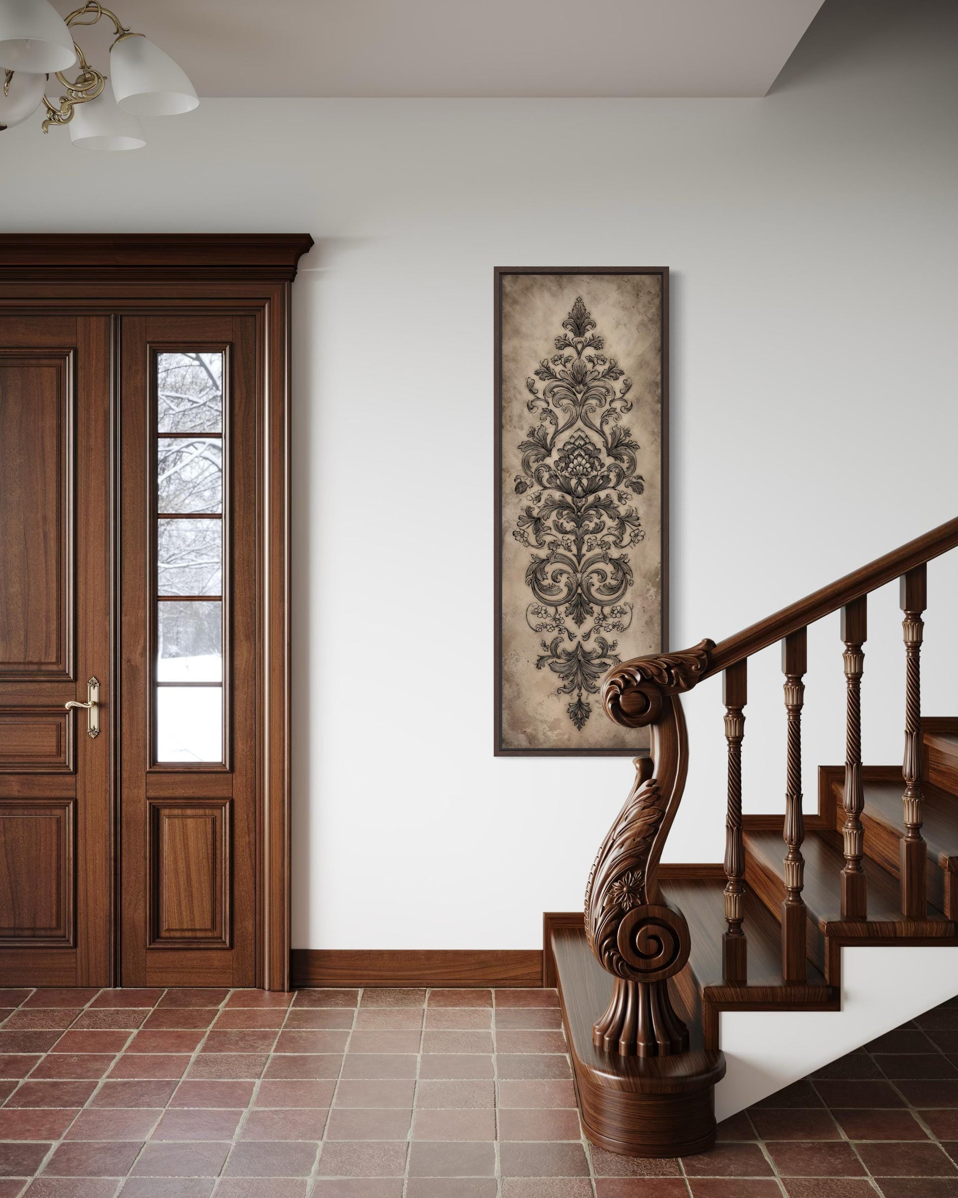 Neutral Vertical Tall Narrow Antique French Ornamental Damask Canvas Wall Art