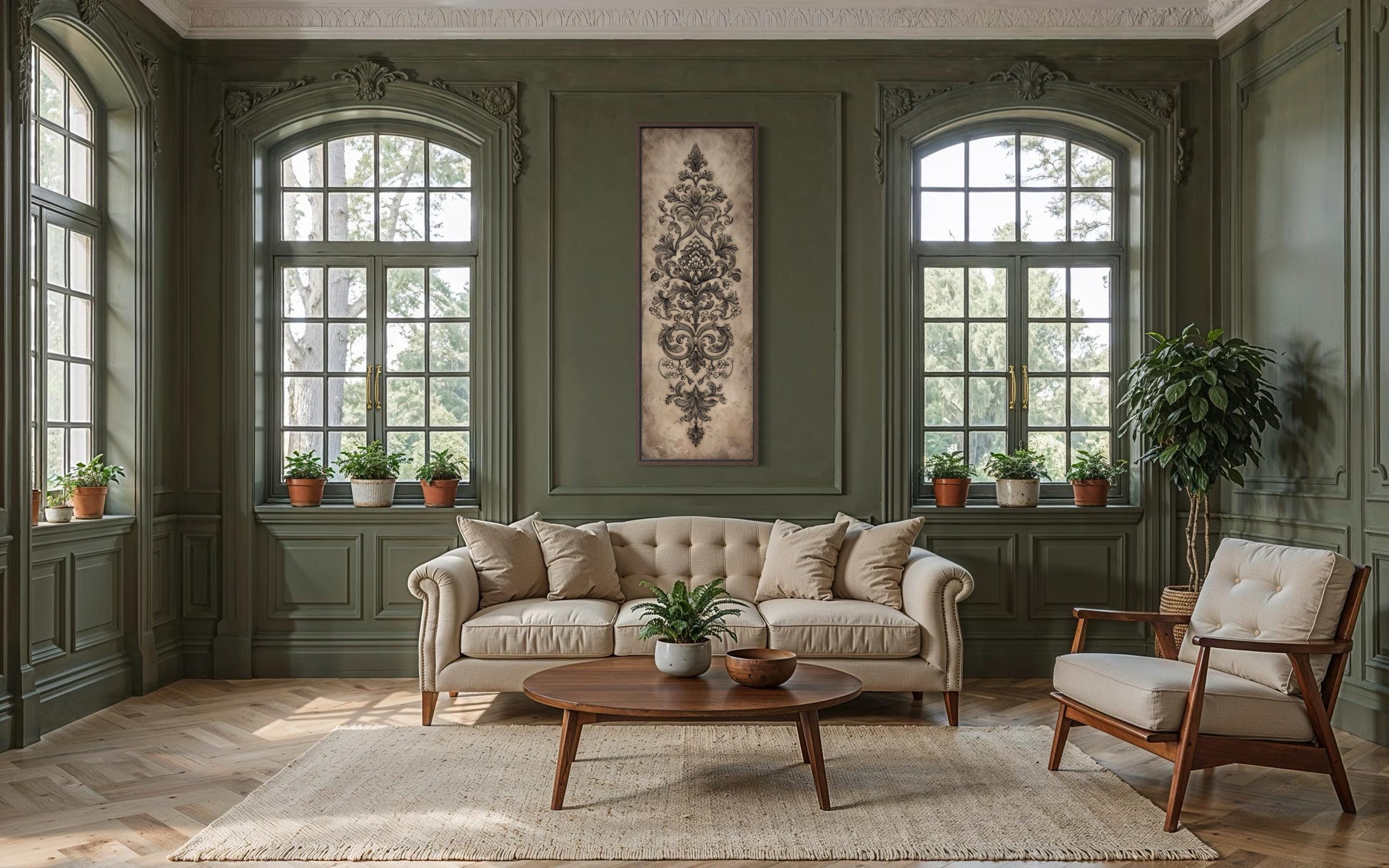 Neutral Vertical Tall Narrow Antique French Ornamental Damask Canvas Wall Art