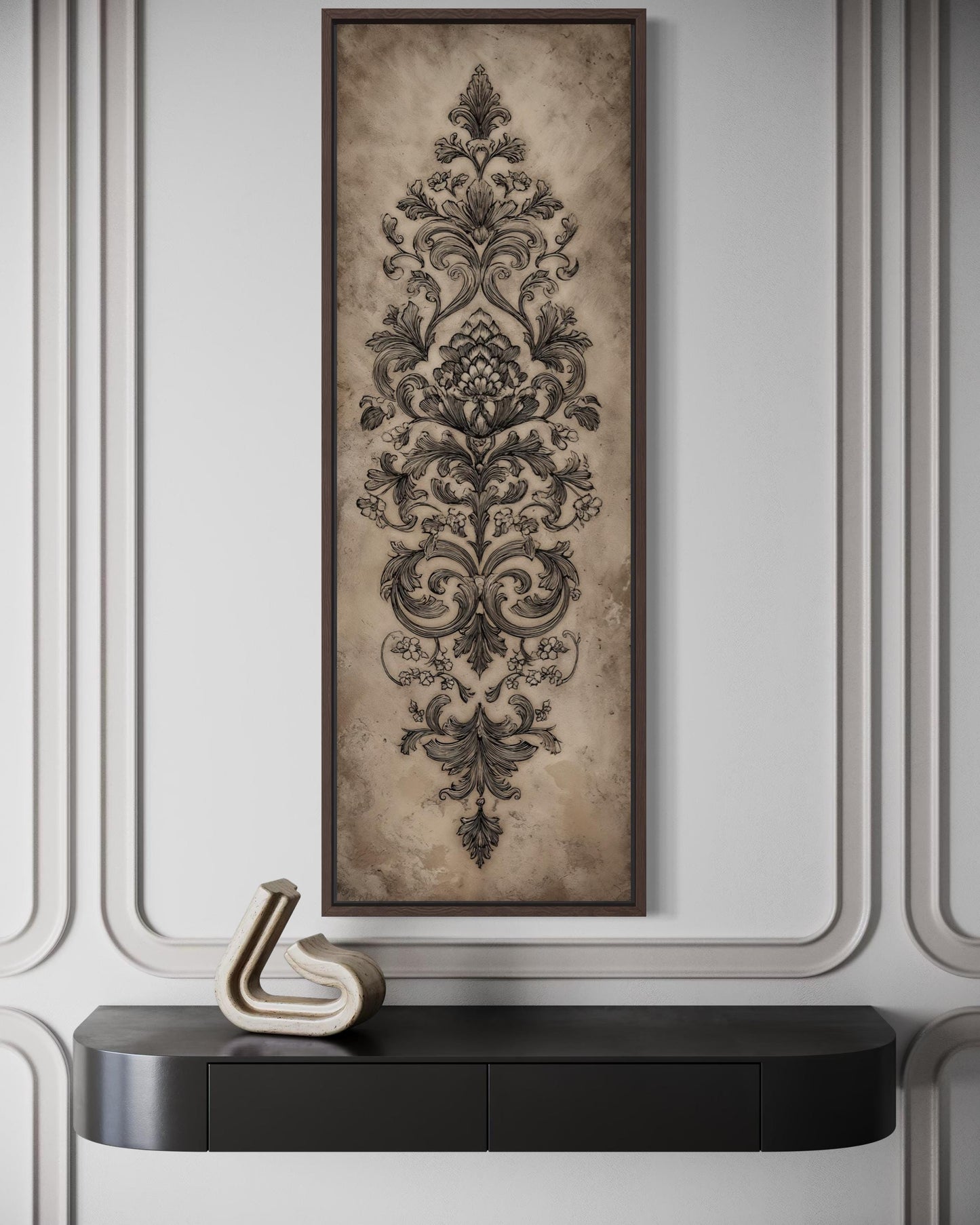 Neutral Vertical Tall Narrow Antique French Ornamental Damask Canvas Wall Art