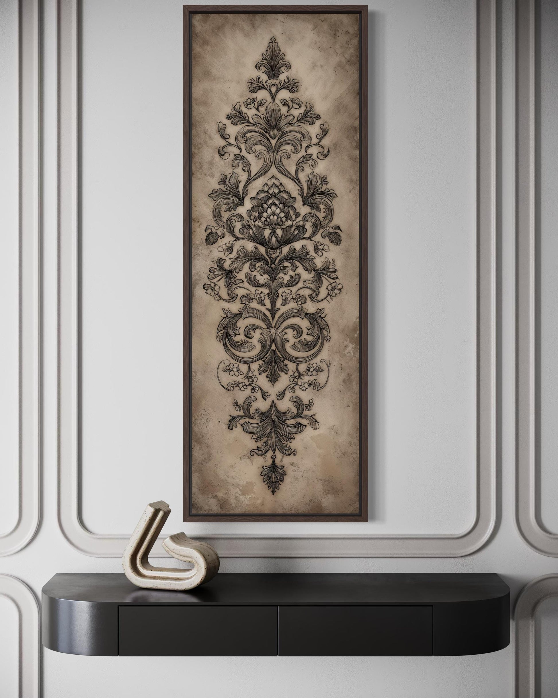 Neutral Vertical Tall Narrow Antique French Ornamental Damask Canvas Wall Art