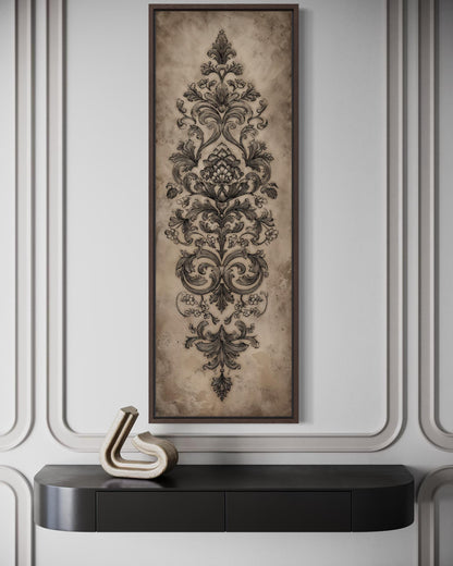 Neutral Vertical Tall Narrow Antique French Ornamental Damask Canvas Wall Art