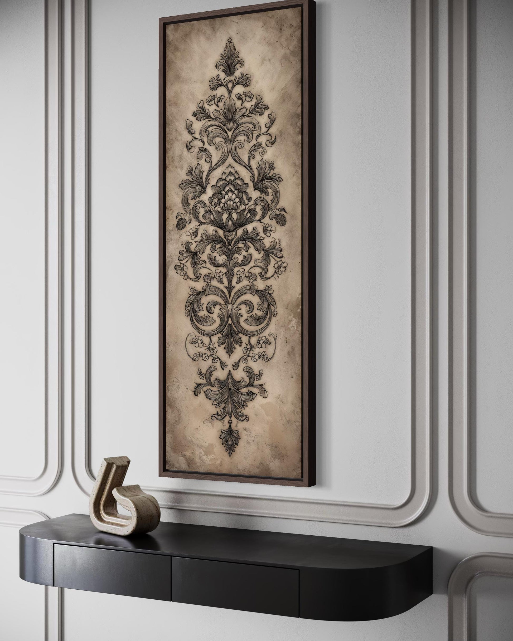 Neutral Vertical Tall Narrow Antique French Ornamental Damask Canvas Wall Art