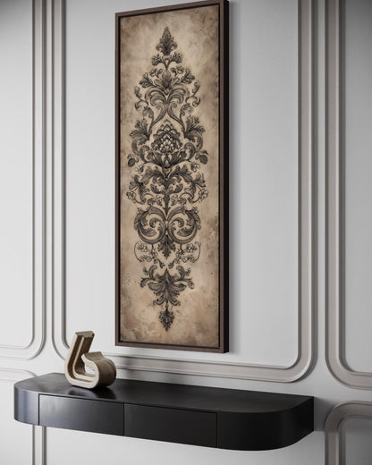Neutral Vertical Tall Narrow Antique French Ornamental Damask Canvas Wall Art