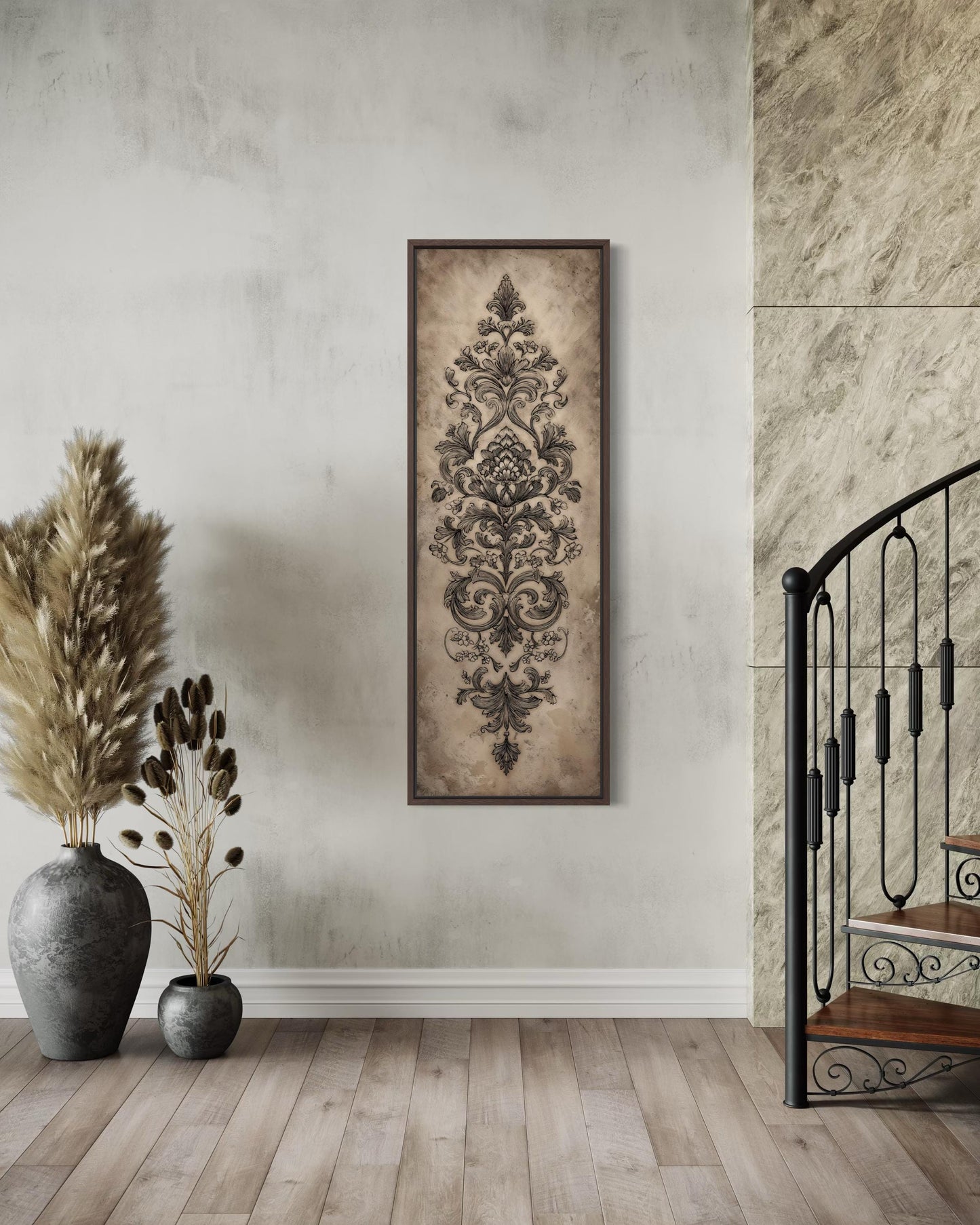 Neutral Vertical Tall Narrow Antique French Ornamental Damask Canvas Wall Art