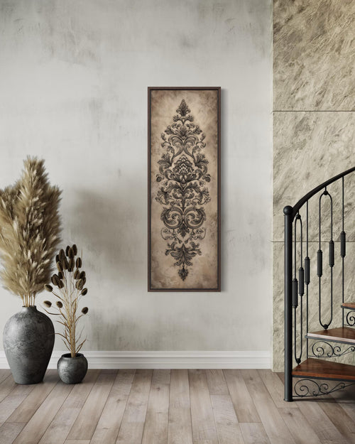 Neutral Vertical Tall Narrow Antique French Ornamental Damask Canvas Wall Art