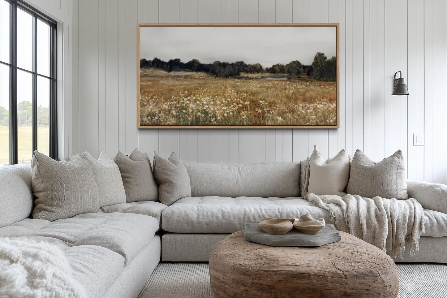 Neutral Wildflower Field Landscape Canvas Wall Art For Farmhouse Living Room