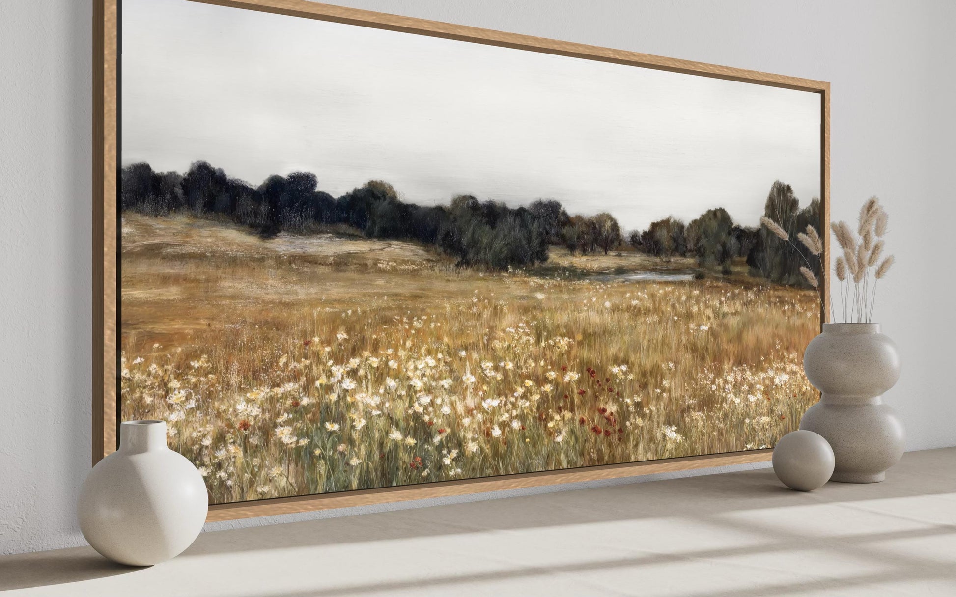 Neutral Wildflower Field Landscape Canvas Wall Art For Farmhouse Living Room