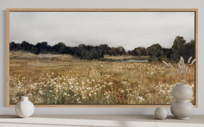 Neutral Wildflower Field Landscape Canvas Wall Art For Farmhouse Living Room