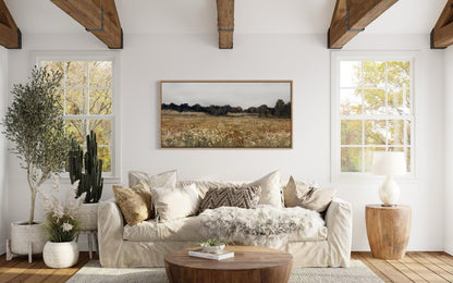 Neutral Wildflower Field Landscape Canvas Wall Art For Farmhouse Living Room