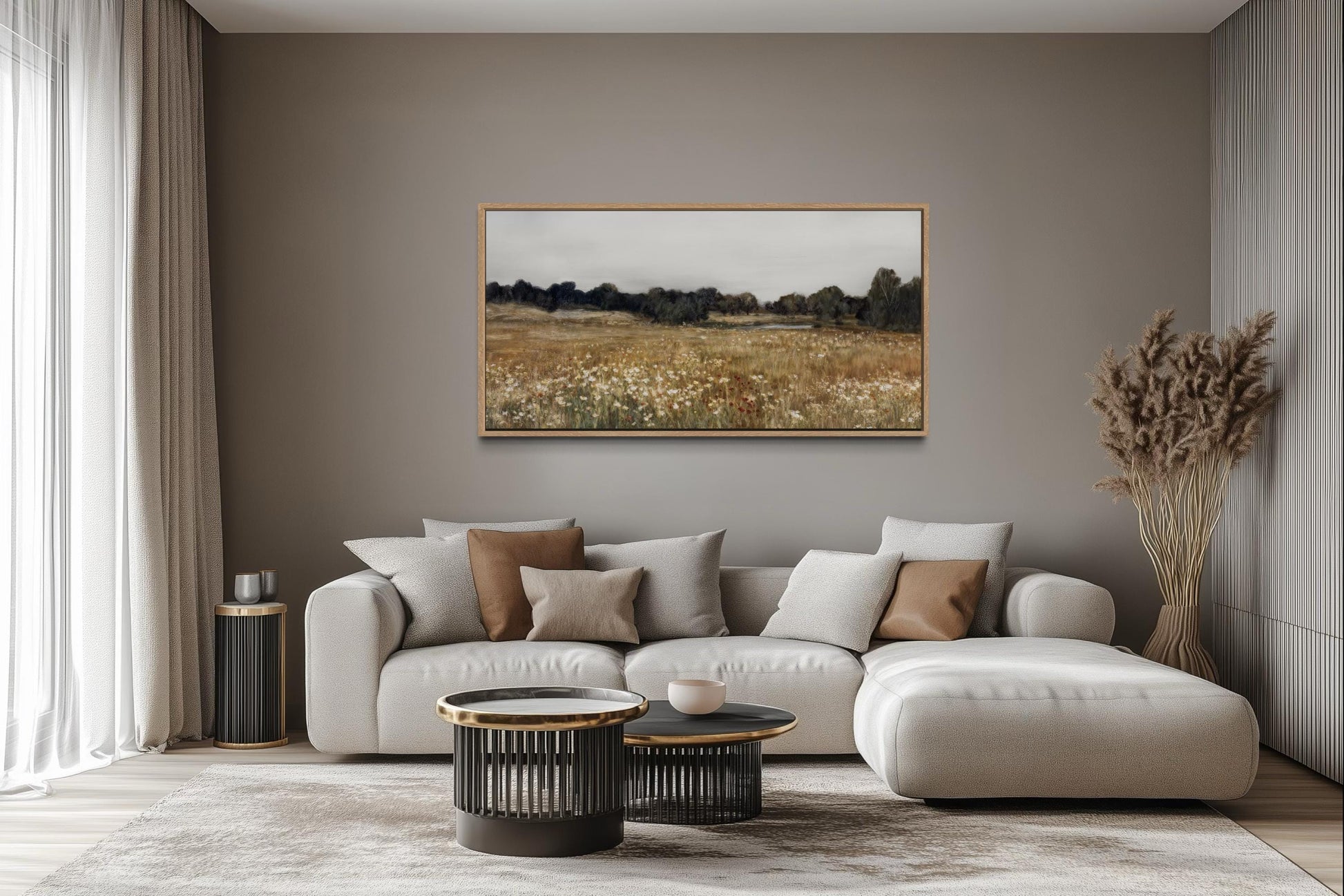 Neutral Wildflower Field Landscape Canvas Wall Art For Farmhouse Living Room