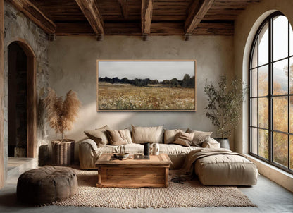 Neutral Wildflower Field Landscape Canvas Wall Art For Farmhouse Living Room
