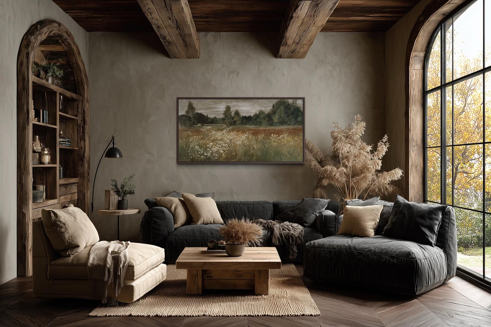 Neutral Wildflower Meadow Wall Art, Field Landscape For Farmhouse Wall Decor