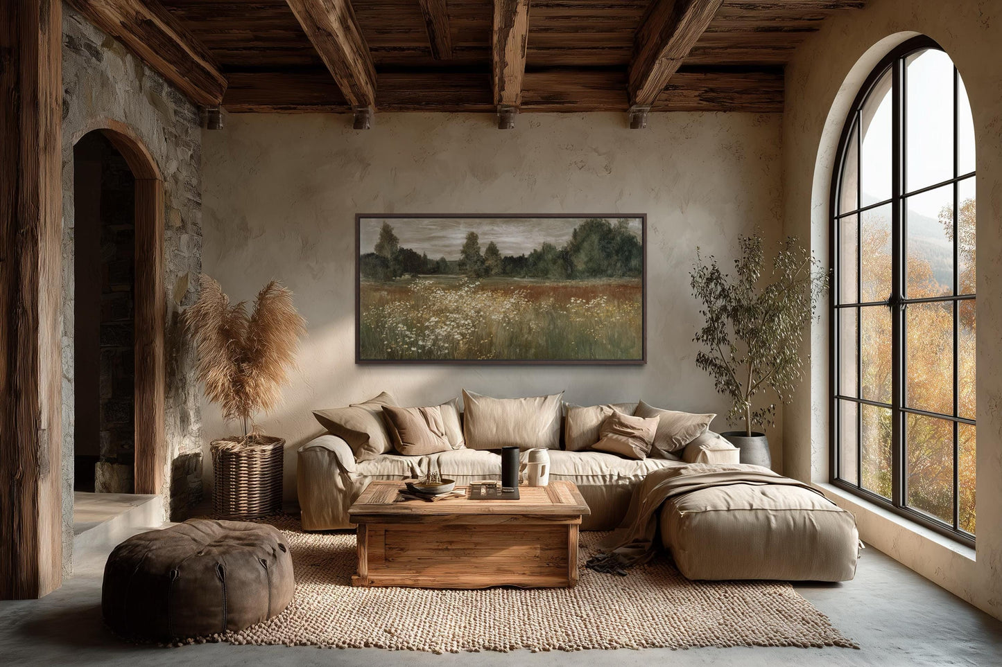 Neutral Wildflower Meadow Wall Art, Field Landscape For Farmhouse Wall Decor