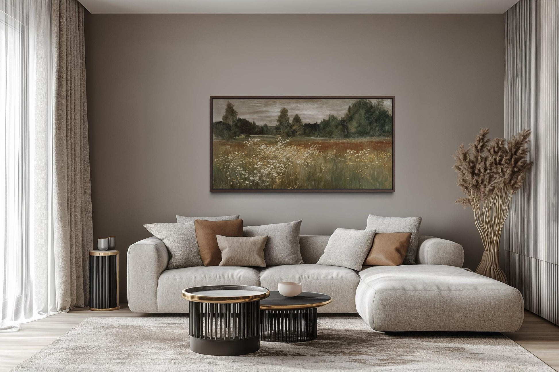 Neutral Wildflower Meadow Wall Art, Field Landscape For Farmhouse Wall Decor