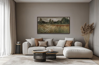 Neutral Wildflower Meadow Wall Art, Field Landscape For Farmhouse Wall Decor