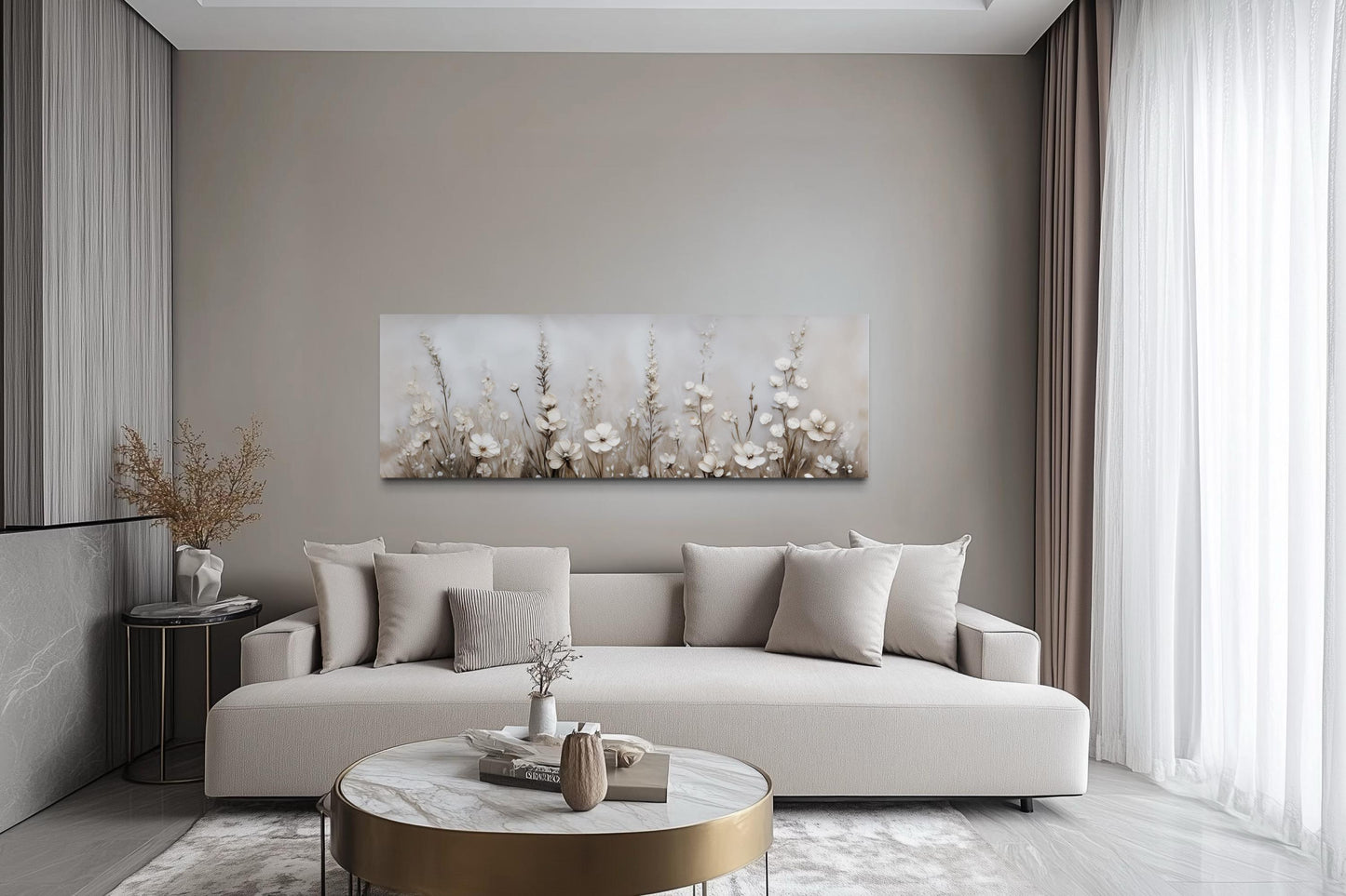 Neutral Wildflower Wall Art - Beige Floral Canvas Print | Calm Botanical Above Bed Decor