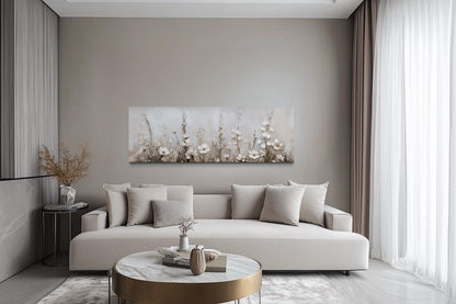 Neutral Wildflower Wall Art - Beige Floral Canvas Print | Calm Botanical Above Bed Decor
