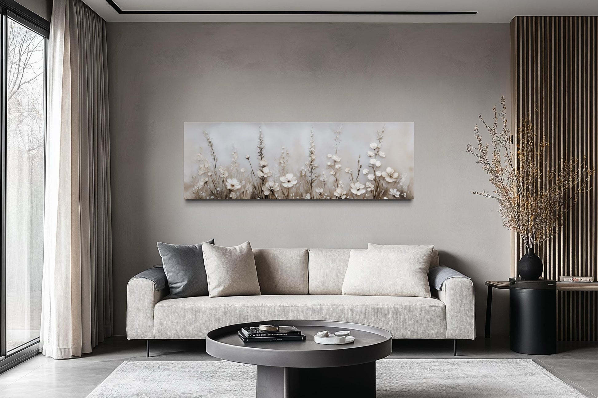 Neutral Wildflower Wall Art - Beige Floral Canvas Print | Calm Botanical Above Bed Decor