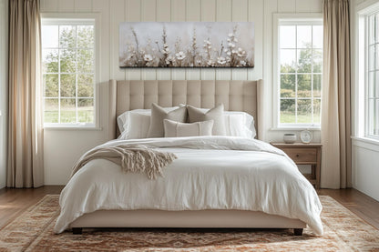 Neutral Wildflower Wall Art - Beige Floral Canvas Print | Calm Botanical Above Bed Decor