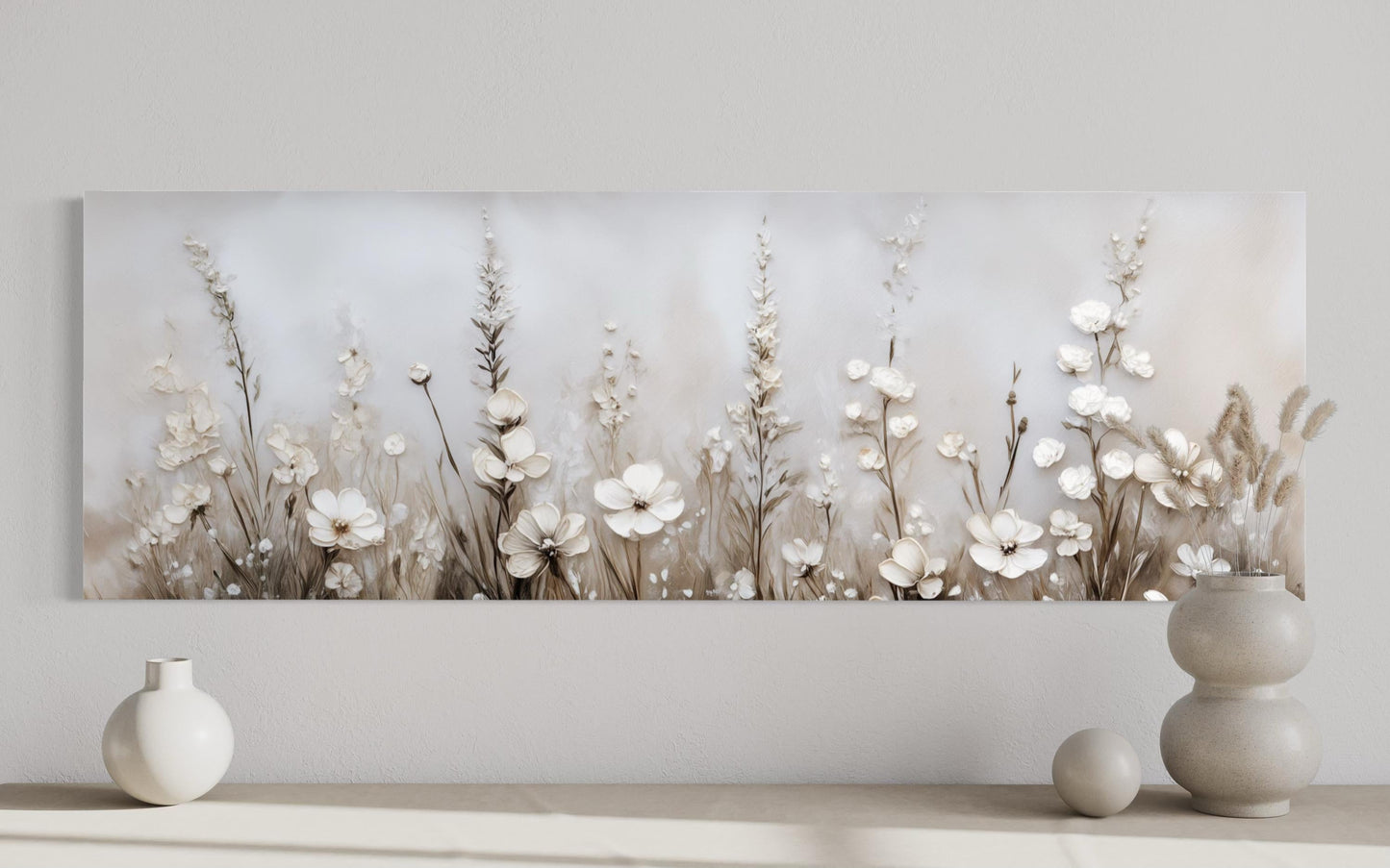 Neutral Wildflower Wall Art - Beige Floral Canvas Print | Calm Botanical Above Bed Decor