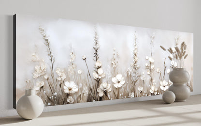 Neutral Wildflower Wall Art - Beige Floral Canvas Print | Calm Botanical Above Bed Decor