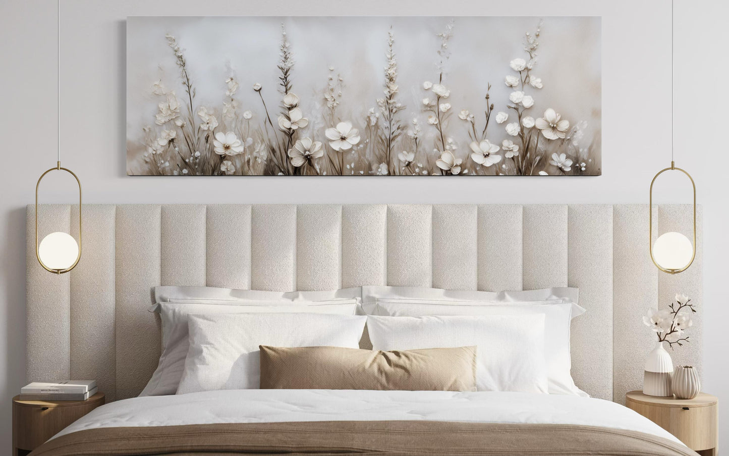 Neutral Wildflower Wall Art - Beige Floral Canvas Print | Calm Botanical Above Bed Decor