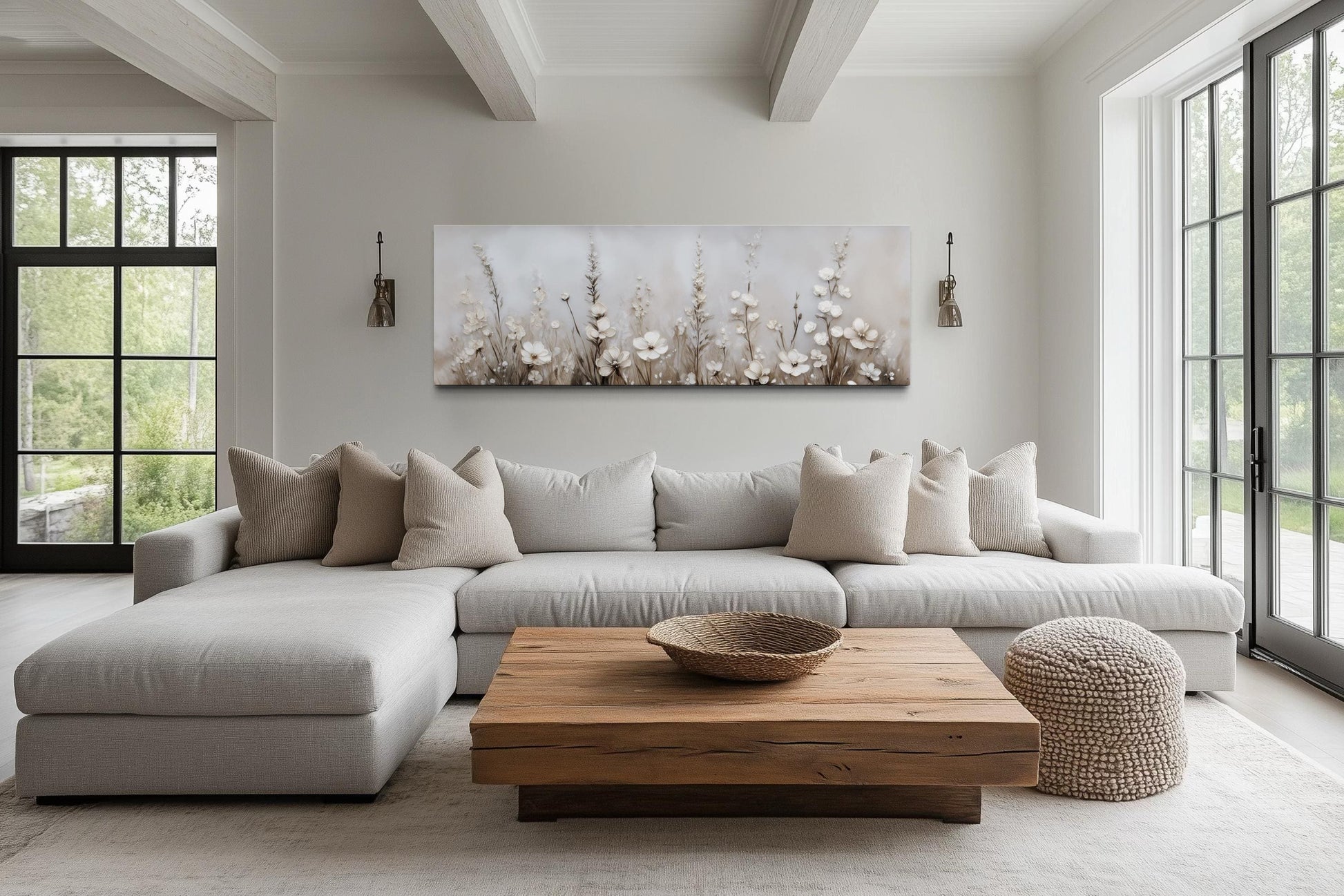 Neutral Wildflower Wall Art - Beige Floral Canvas Print | Calm Botanical Above Bed Decor