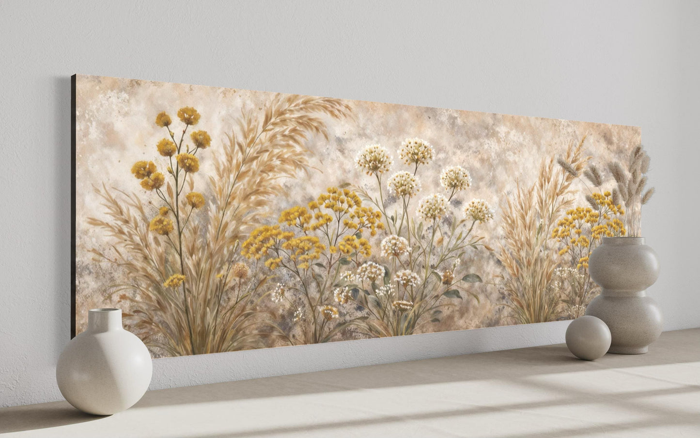 Neutral Wildflowers Long Narrow Wall Art – Grass Meadow Canvas Print | Boho Farmhouse Decor