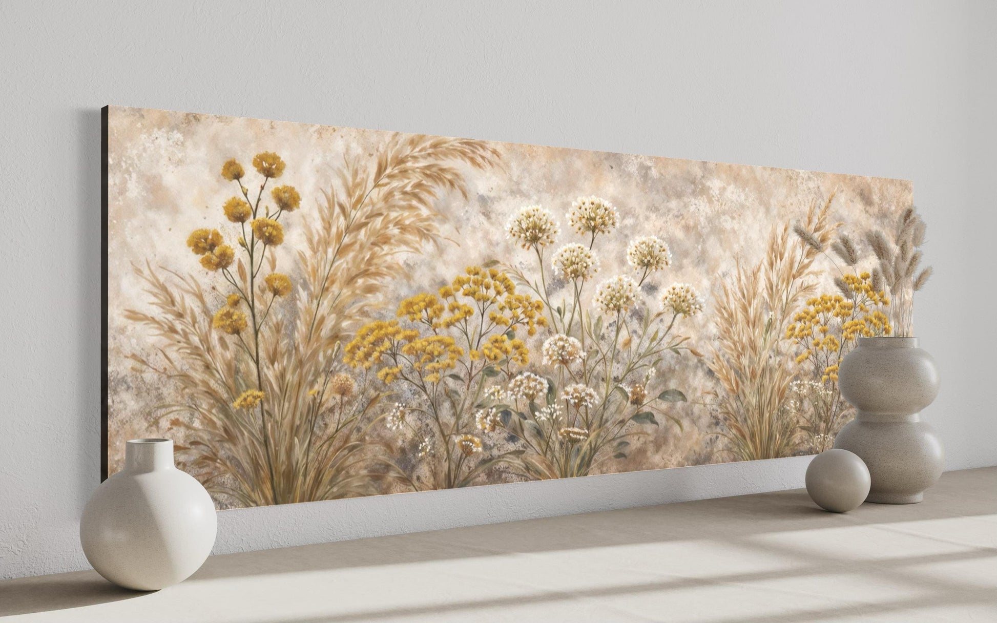 Neutral Wildflowers Long Narrow Wall Art – Grass Meadow Canvas Print | Boho Farmhouse Decor