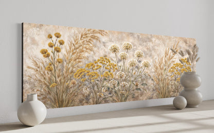 Neutral Wildflowers Long Narrow Wall Art – Grass Meadow Canvas Print | Boho Farmhouse Decor
