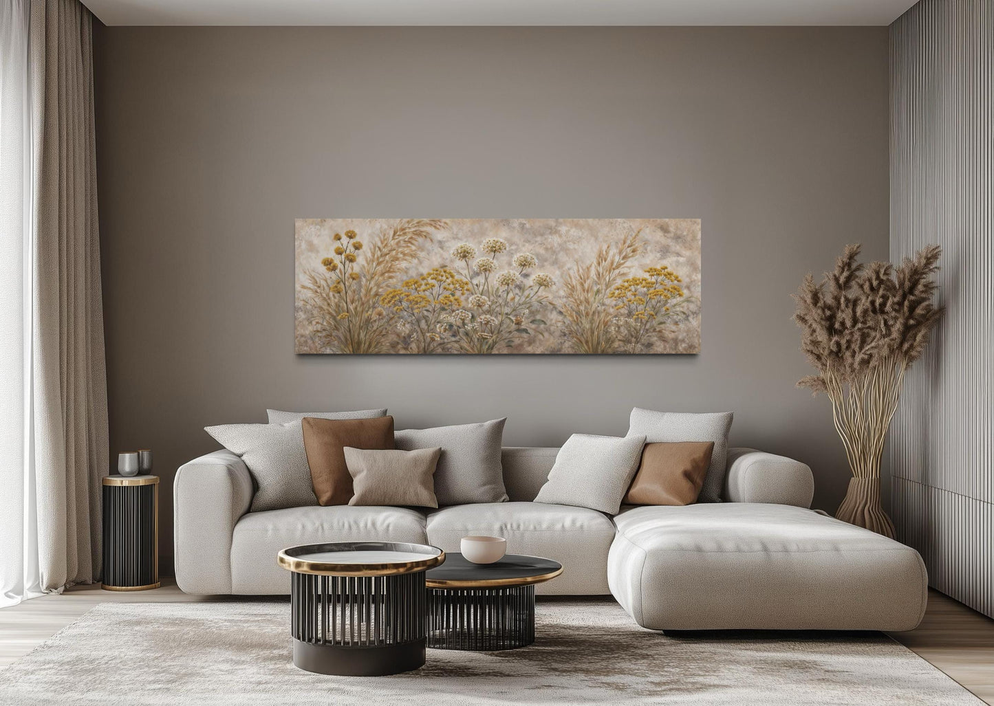 Neutral Wildflowers Long Narrow Wall Art – Grass Meadow Canvas Print | Boho Farmhouse Decor