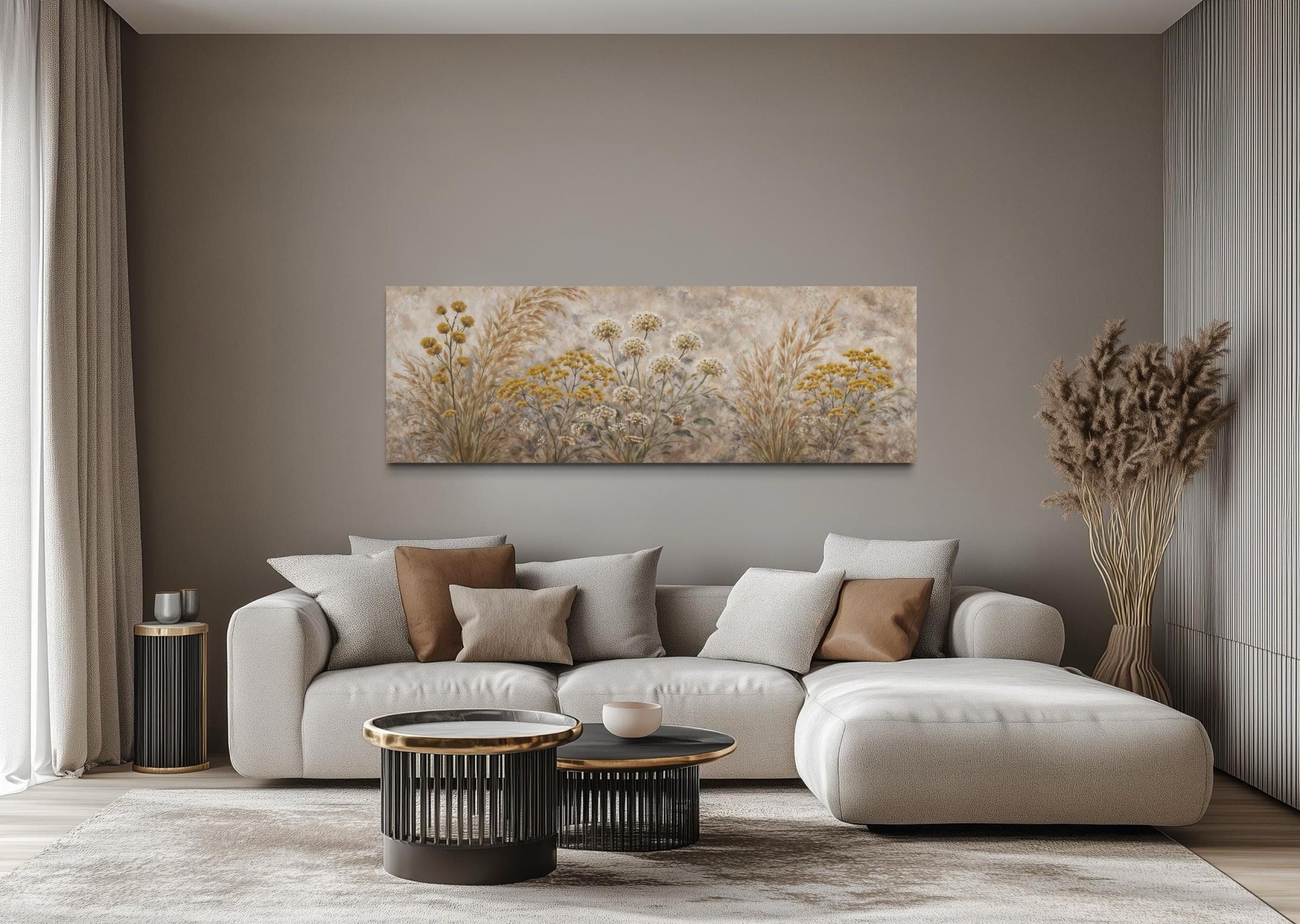Neutral Wildflowers Long Narrow Wall Art – Grass Meadow Canvas Print | Boho Farmhouse Decor