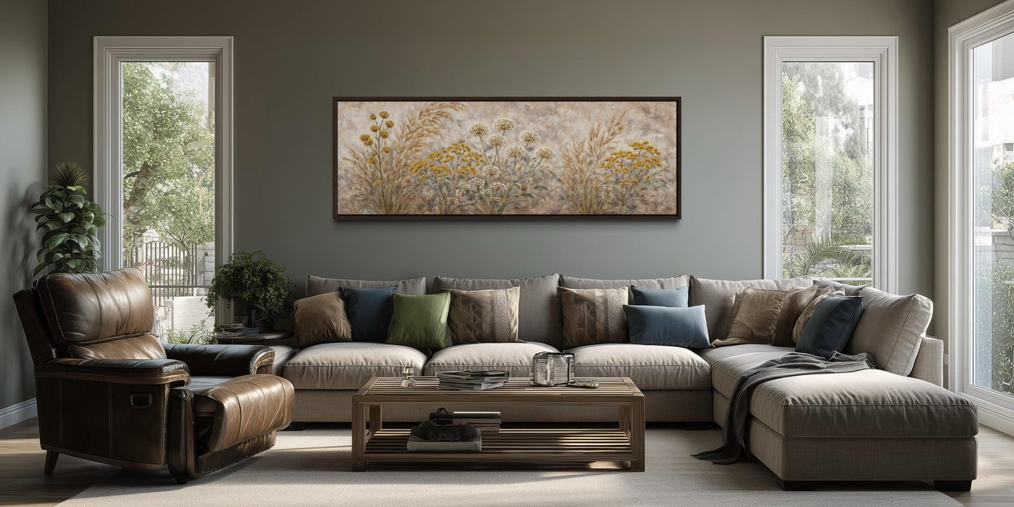 Neutral Wildflowers Long Narrow Wall Art – Grass Meadow Canvas Print | Boho Farmhouse Decor