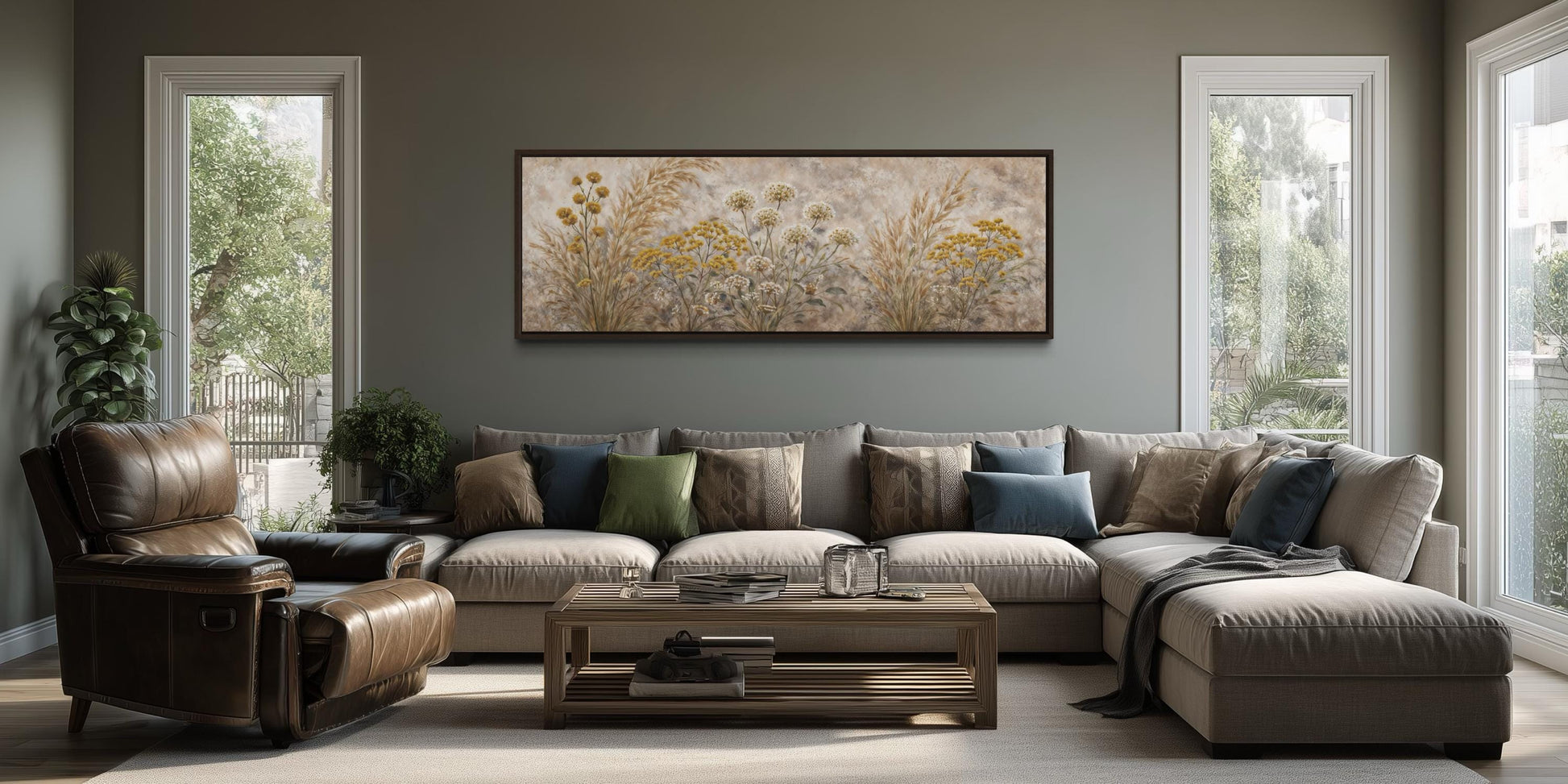 Neutral Wildflowers Long Narrow Wall Art – Grass Meadow Canvas Print | Boho Farmhouse Decor