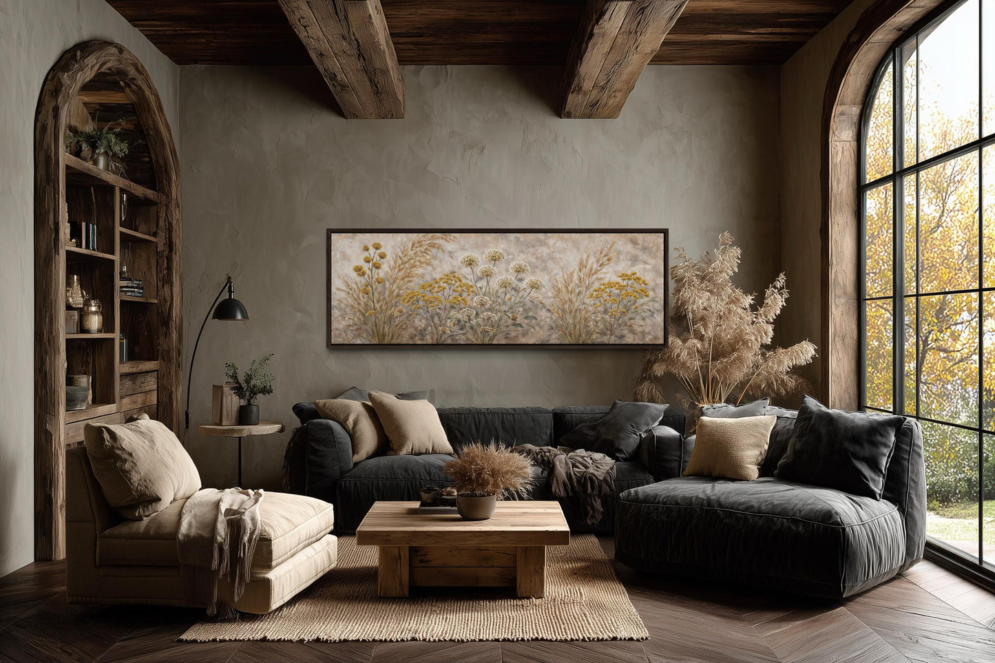 Neutral Wildflowers Long Narrow Wall Art – Grass Meadow Canvas Print | Boho Farmhouse Decor
