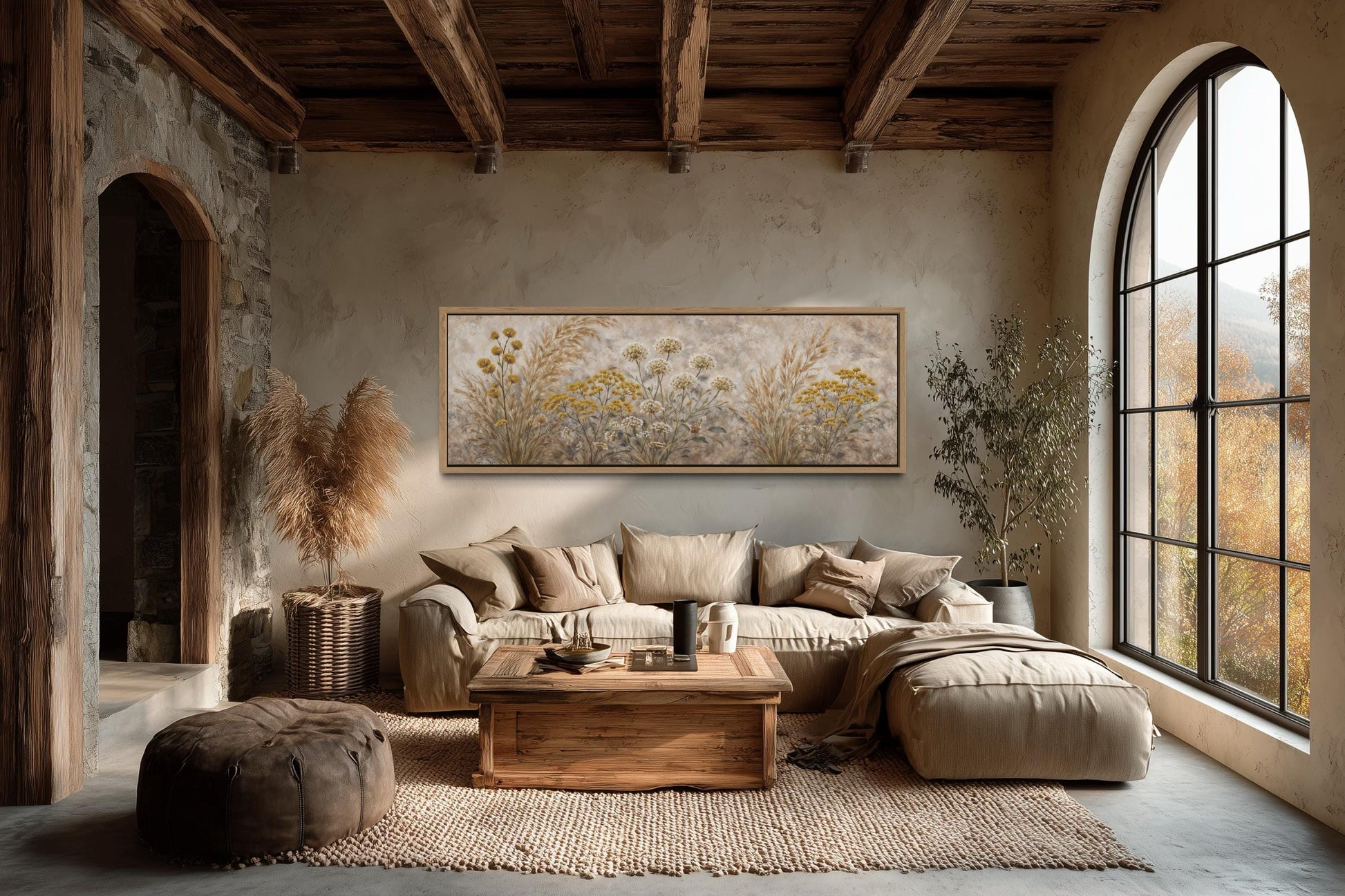 Neutral Wildflowers Long Narrow Wall Art – Grass Meadow Canvas Print | Boho Farmhouse Decor