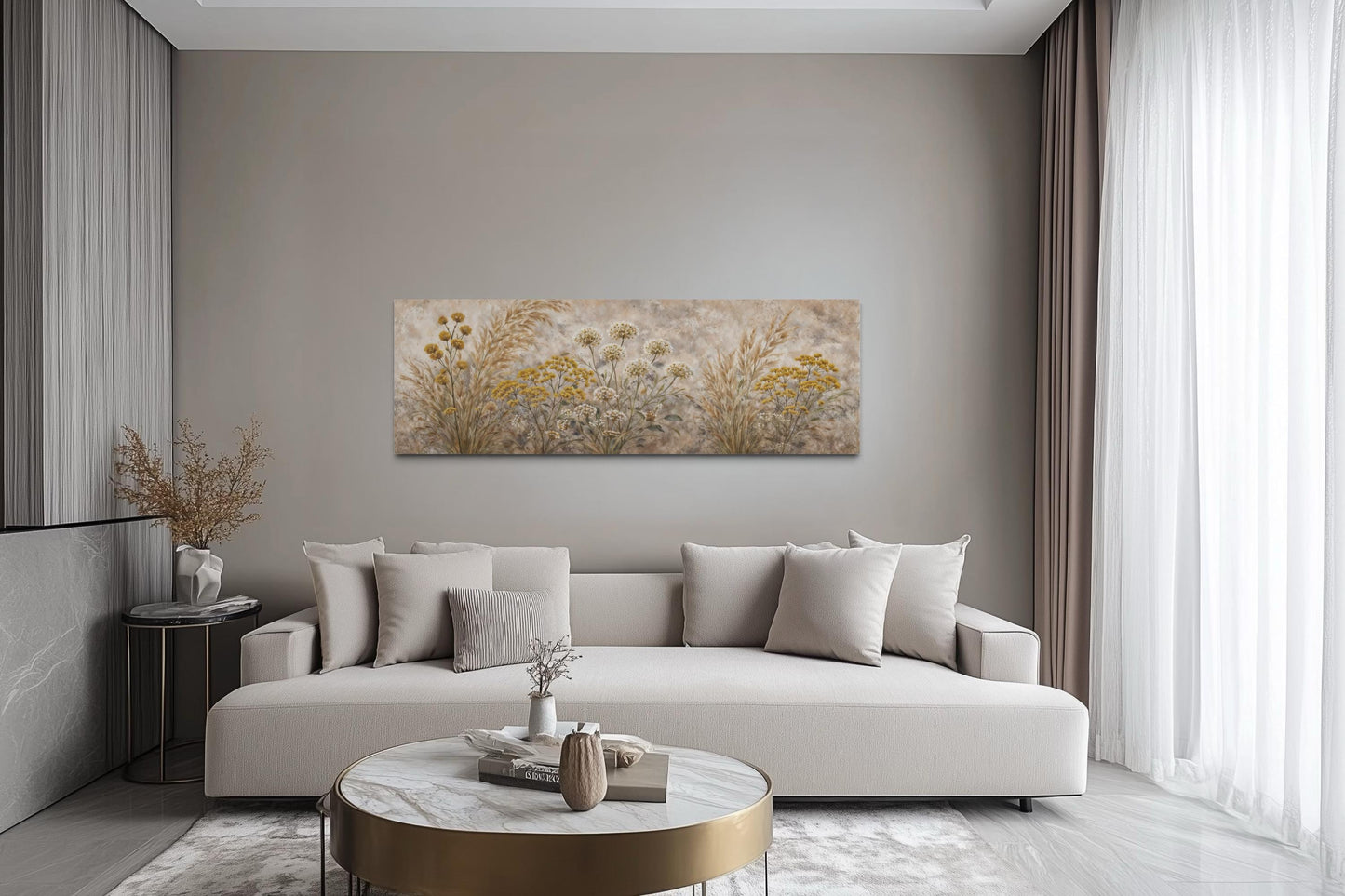 Neutral Wildflowers Long Narrow Wall Art – Grass Meadow Canvas Print | Boho Farmhouse Decor