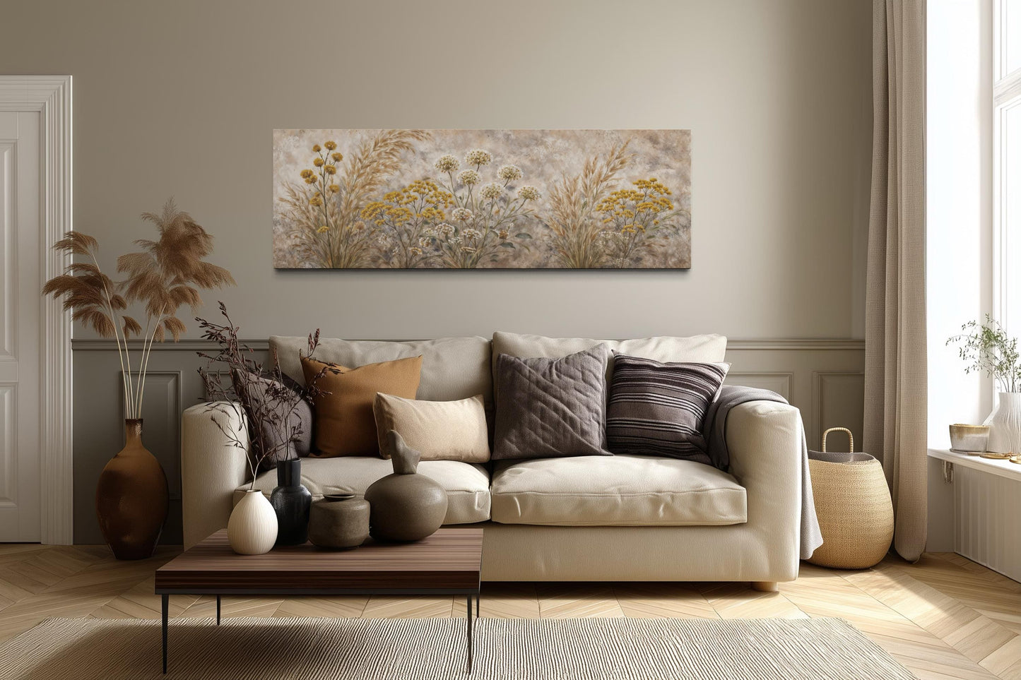 Neutral Wildflowers Long Narrow Wall Art – Grass Meadow Canvas Print | Boho Farmhouse Decor