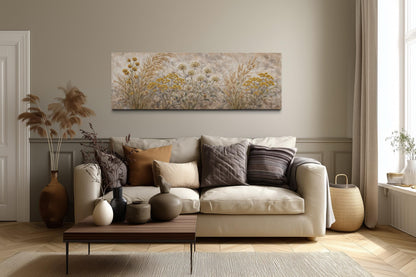 Neutral Wildflowers Long Narrow Wall Art – Grass Meadow Canvas Print | Boho Farmhouse Decor