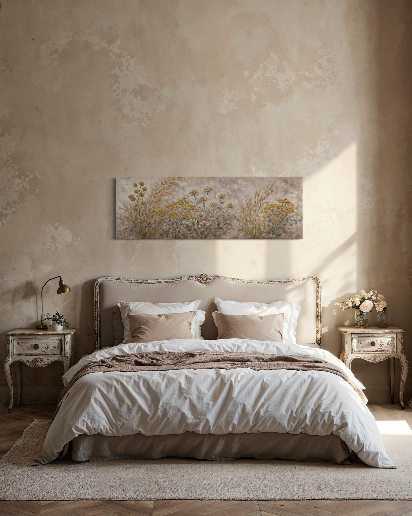 Neutral Wildflowers Long Narrow Wall Art – Grass Meadow Canvas Print | Boho Farmhouse Decor