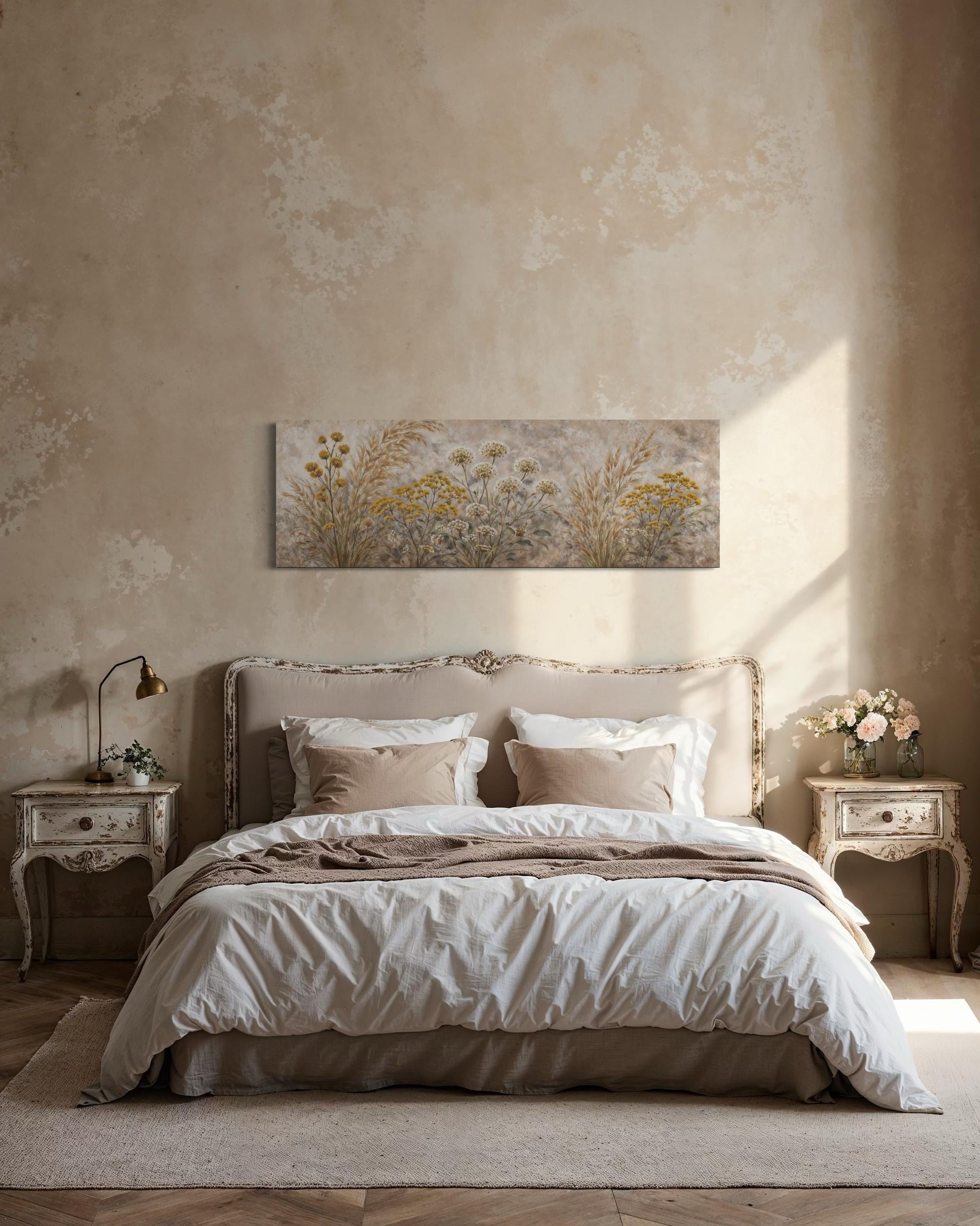 Neutral Wildflowers Long Narrow Wall Art – Grass Meadow Canvas Print | Boho Farmhouse Decor