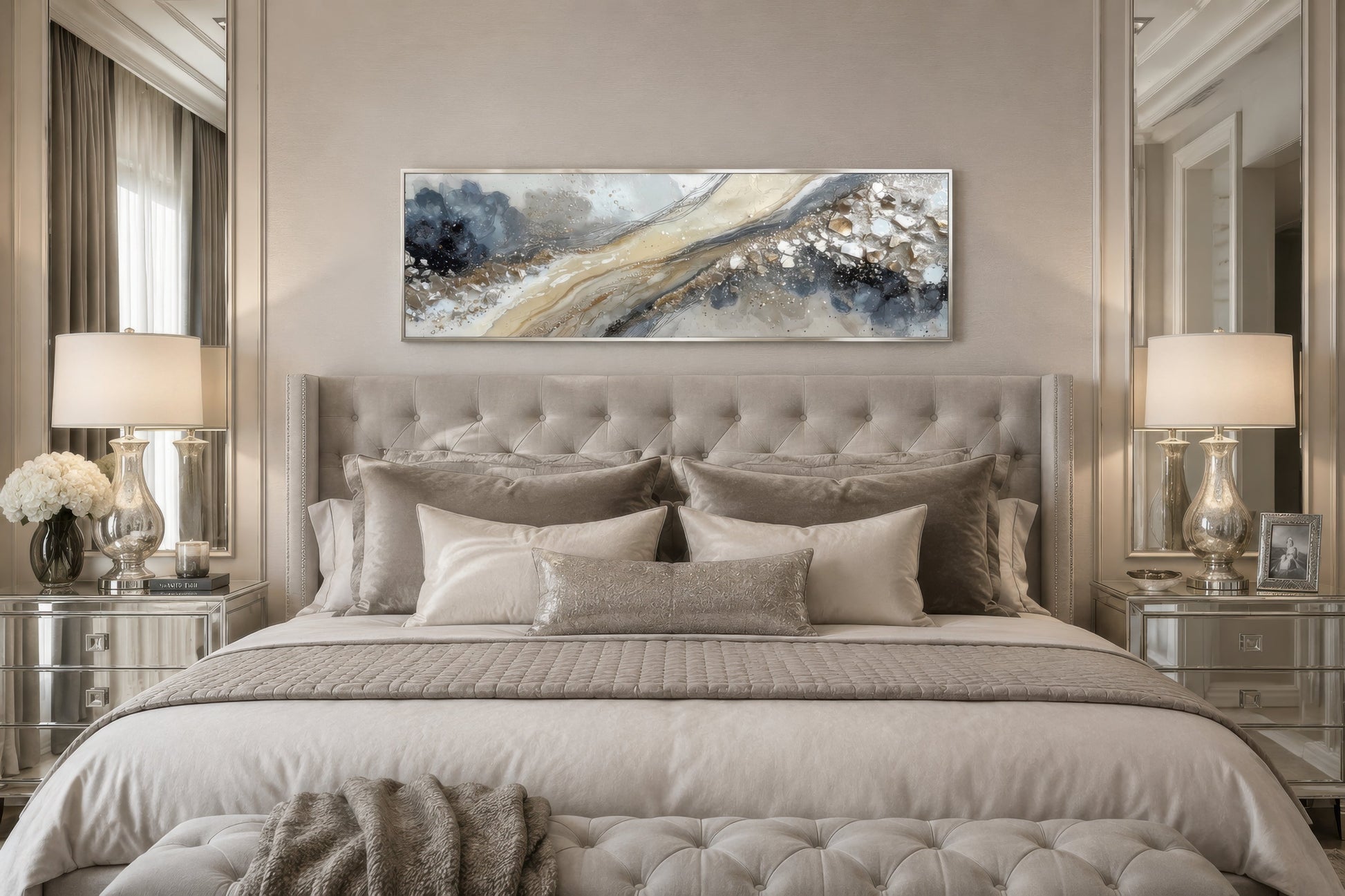 Neutral Grey Beige Gold Long Horizontal Abstract Canvas Wall Art For Above Bed Or Couch