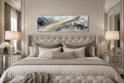 Neutral Grey Beige Gold Long Horizontal Abstract Canvas Wall Art For Above Bed Or Couch