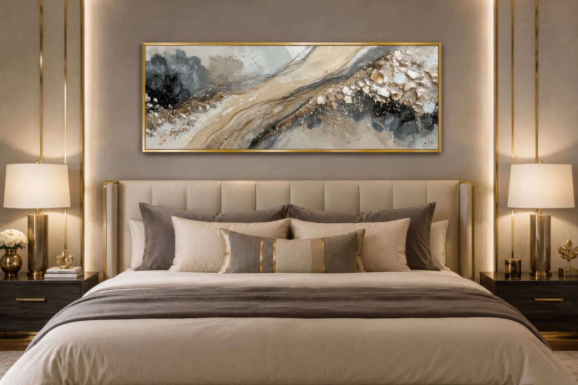 Neutral Grey Beige Gold Long Horizontal Abstract Canvas Wall Art For Above Bed Or Couch