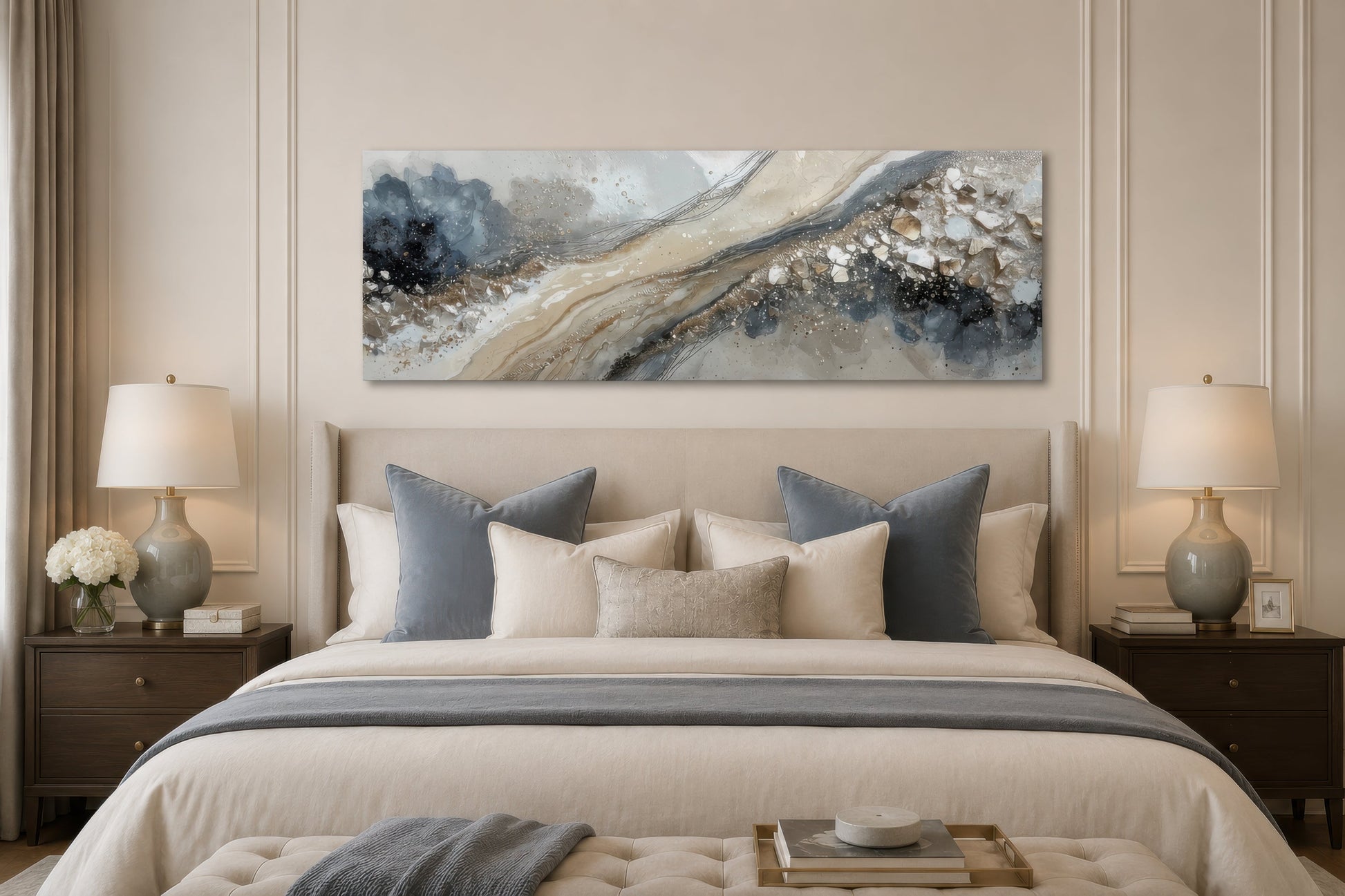 Neutral Grey Beige Gold Long Horizontal Abstract Canvas Wall Art For Above Bed Or Couch