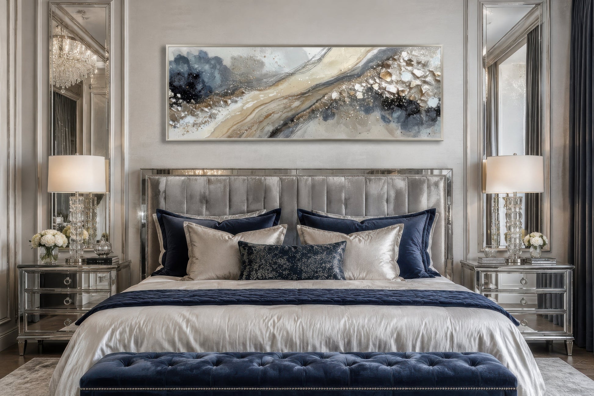Neutral Grey Beige Gold Long Horizontal Abstract Canvas Wall Art For Above Bed Or Couch