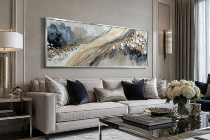 Neutral Grey Beige Gold Long Horizontal Abstract Canvas Wall Art For Above Bed Or Couch