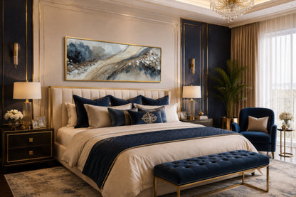 Neutral Grey Beige Gold Long Horizontal Abstract Canvas Wall Art For Above Bed Or Couch