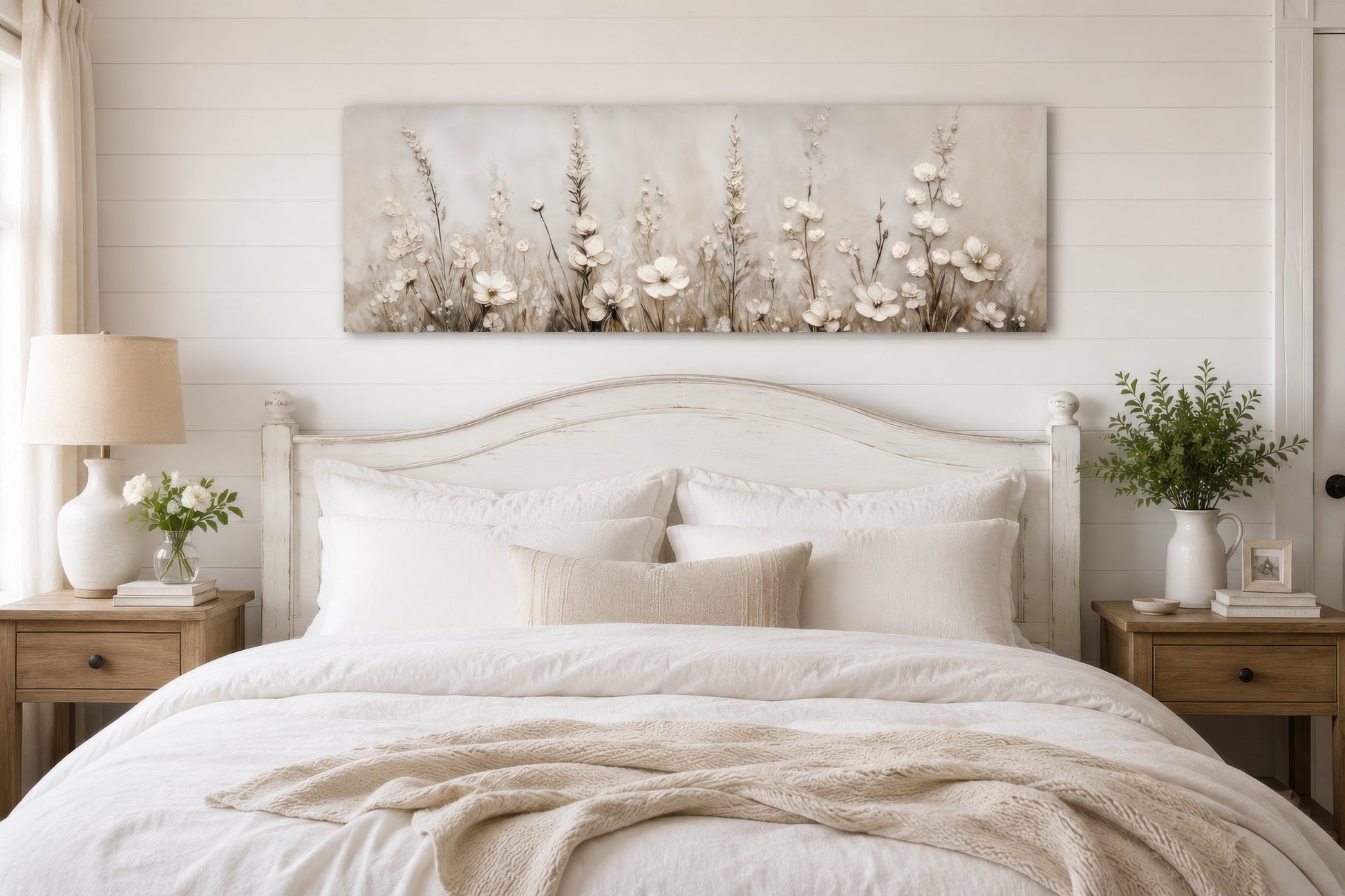 Neutral Wildflower Wall Art - Beige Floral Canvas Print | Calm Botanical Above Bed Decor